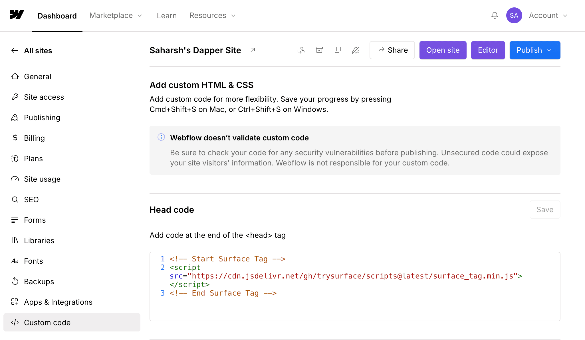 Webflow Head Section with Surface Tag