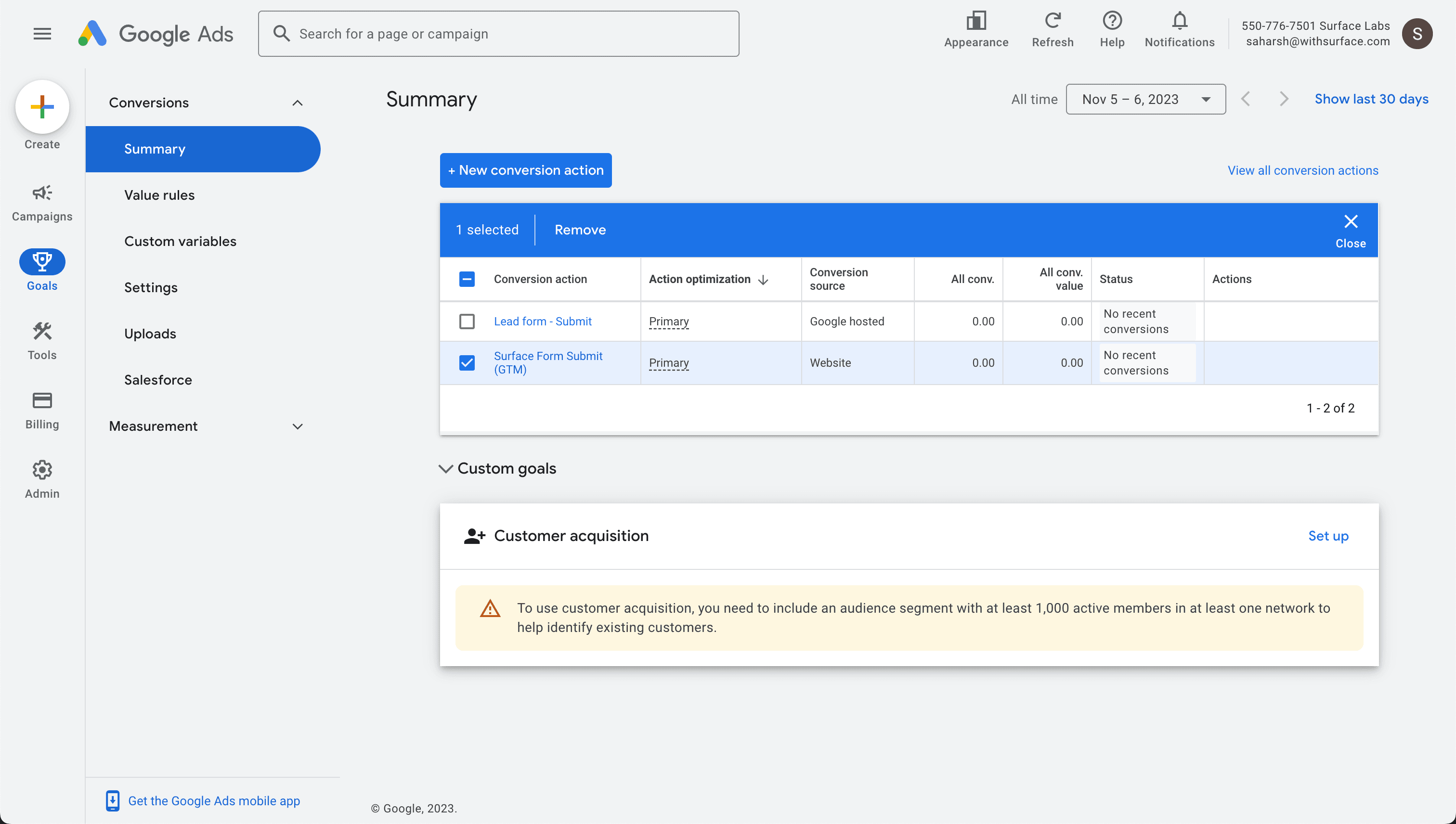 Create Conversion Action Step 1