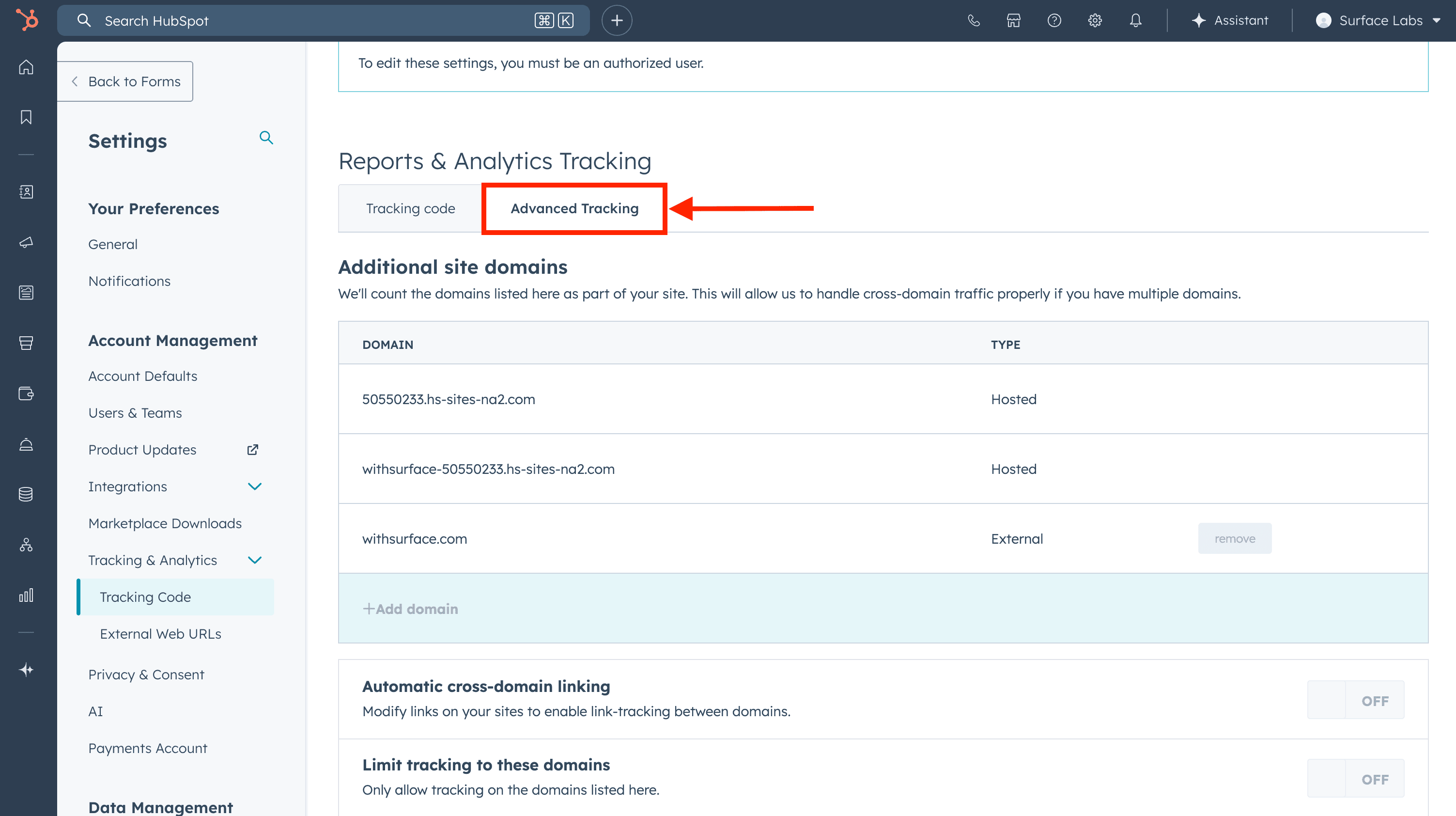 HubSpot Additional Site Domains settings