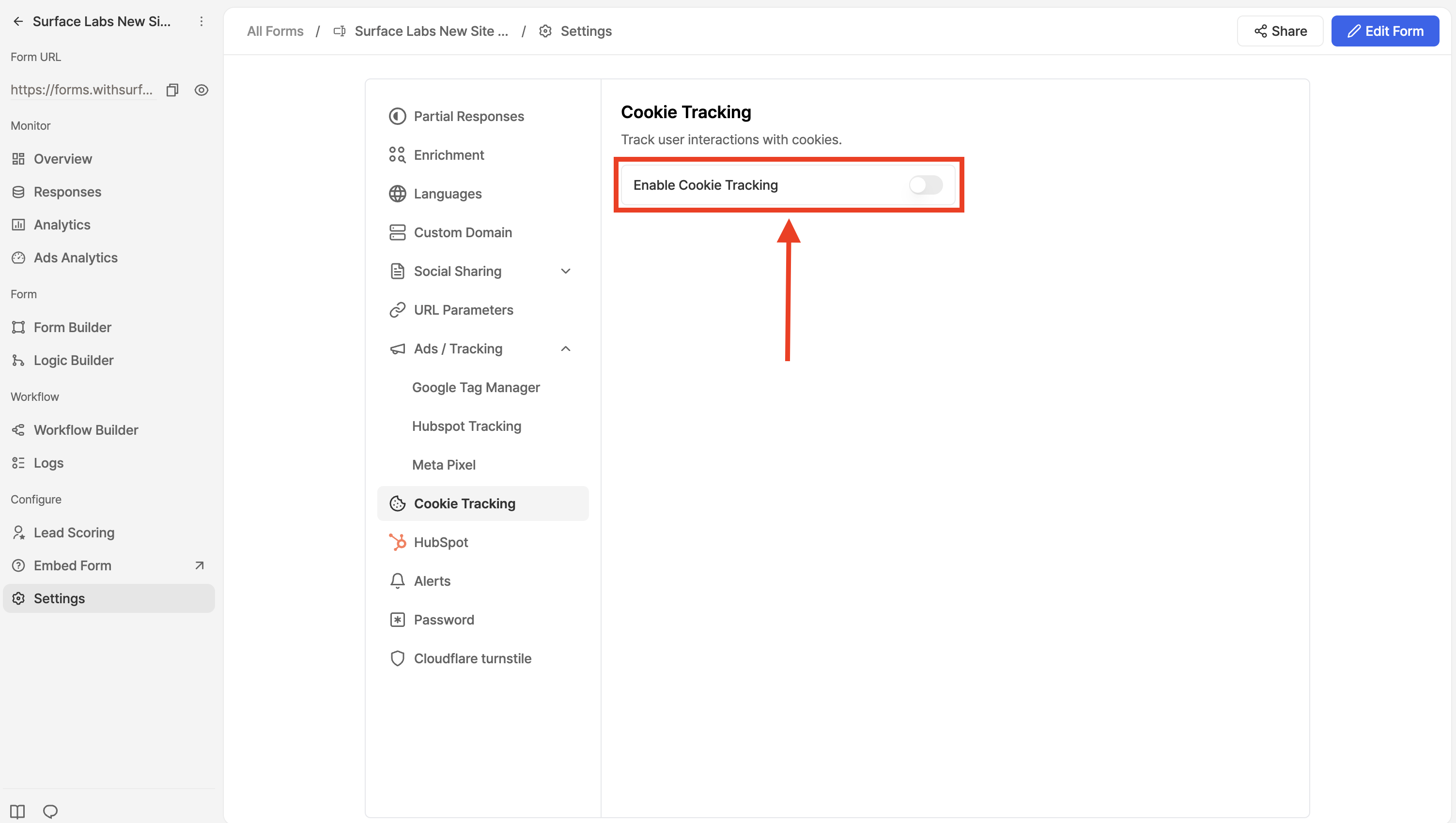 Surface form HubSpot cookie tracking settings