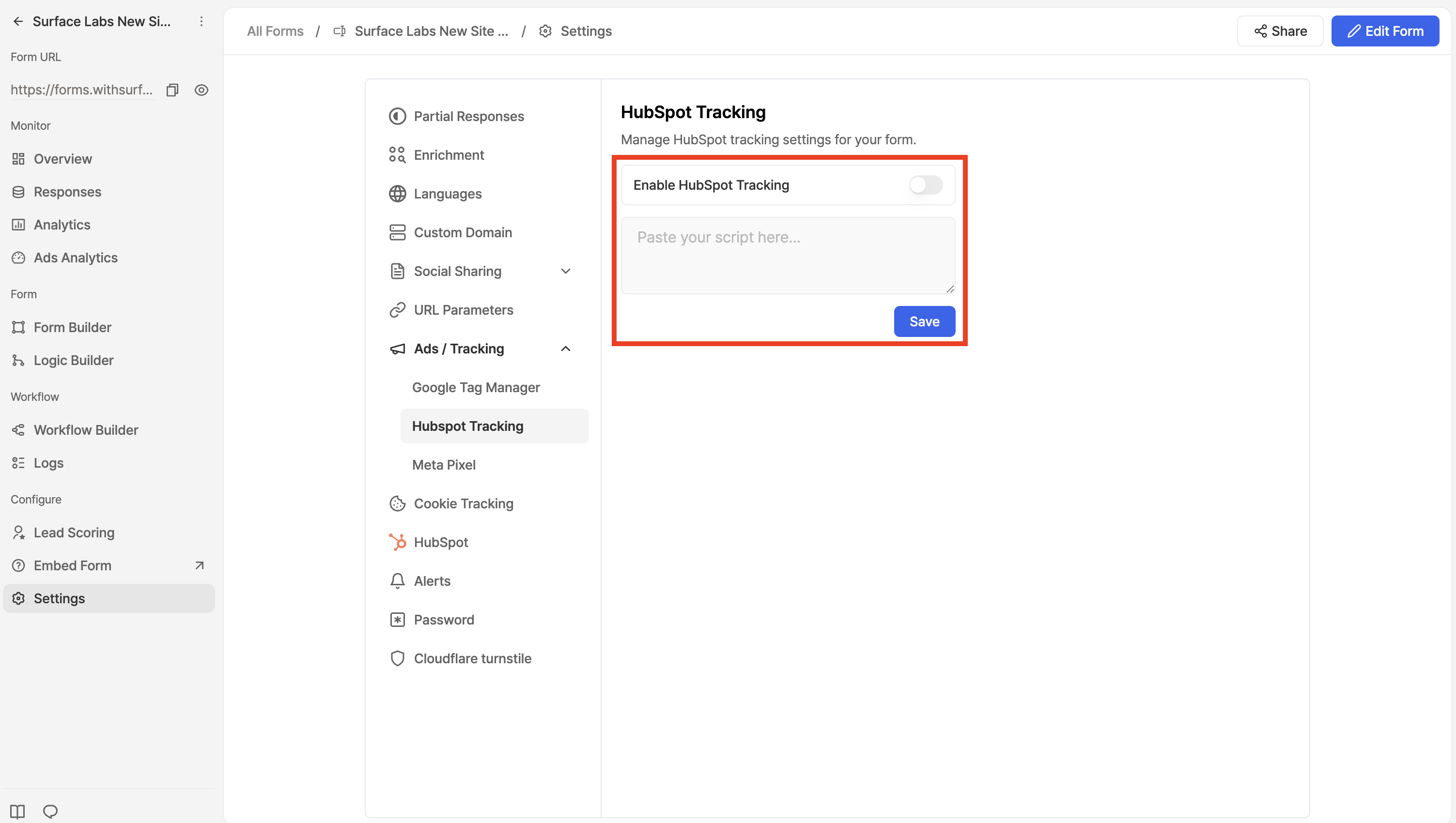 Surface form HubSpot tracking settings